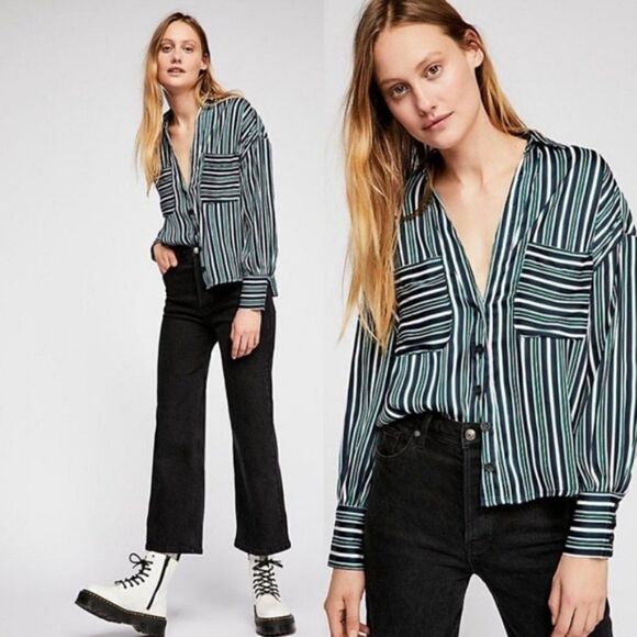 Free People Mad About You Blue Green Striped Top - Picture 1 of 10